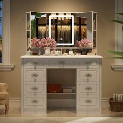 Vanity Desk with Lighted Mirror, Makeup Dressing Table with 9 Drawer and Drawer Divier for Bedroom