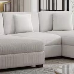 118 in. Square Arm 3-Piece Corduroy Upholstered U-Shaped Sectional Sofa in. Beige
