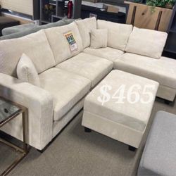 3-pc Sectional Sofa With Storage Ottoman Ivory Corduroy 