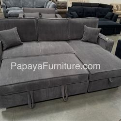 New! 89”L Reversible Grey corduroy Sectional Sofa Bed, Sectional Sofa Bed, Grey Sofa, Sleeper Sofa, Grey Couch, Reversible Sectional, Sectional Sofa W