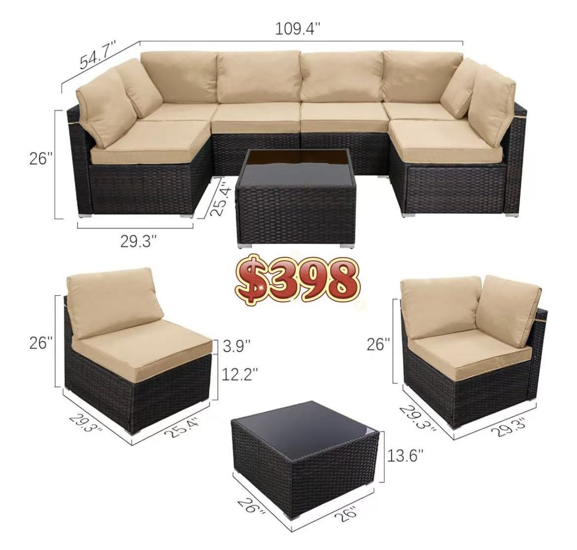 😀 7 Pieces Outdoor Patio Furniture Sets,Rattan Conversation Sectional Set,Manual Weaving Wicker Patio Sofa with Tea Table