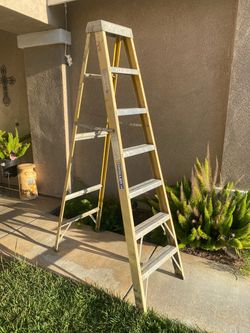 Selling a used 7’ Keller ladder, still in good condition , some cement on steps  , two notes cut on braces see pictures but still in solid condition