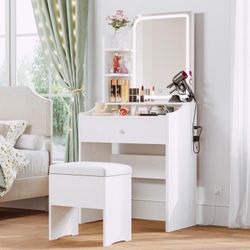 Makeup Vanity Desk with Mirror and Lights, Vanity Table Set with Storage Drawer & Chair & 3 Shelves