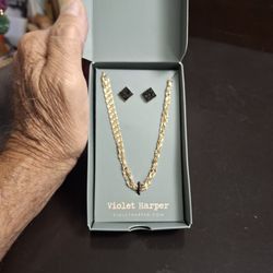 "NEW " Violet Harper Isla Layered Necklace & Black Druzy Earring Set - Gold Plated 16" W/4" Extender