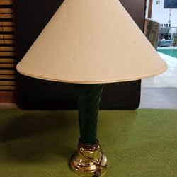 Green and Brass Lamp with Lampshade
