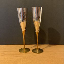 2 Champagne Flutes Silver Plated & Brass Stemmed Cala Lily vintage International silver company