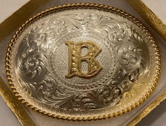 Vintage Metal Belt Buckle, Silver and Brass, Letter B, Initial B, Montana Silversmiths, Nice Western Design, 3 3/4" x 2 3/4", Heavy Duty, Quality, Mad