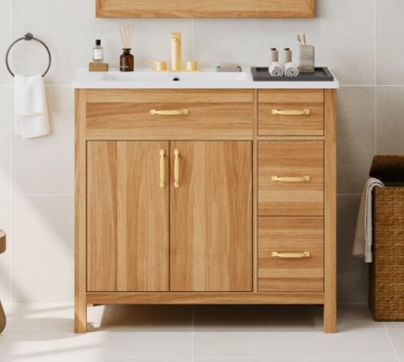 36*18" Wood Bathroom Vanity with Solid Wood Frame, 2 Soft Close Doors, 3 Soft Close Drawers, Adjustable Shelf, Modern Storage Cabinet for Small Bathro