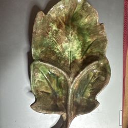 Vintage Leaf Shaped Ceramic Dish Green Brown Drip Glaze Mid Century Pottery