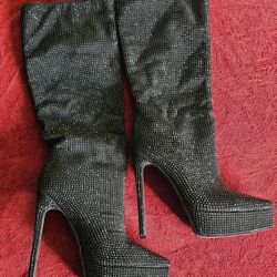 Sun Gurg Women's Thigh High Rhinestone Platform Stiletto Boots – Size 9, Black
