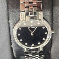 Movado Luxury Swiss Made Wristwatch Black Dial Diamond Markers Silver Bracelet