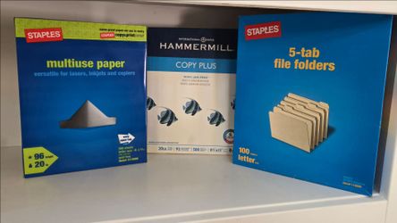 Moving Make Offer Staples Multiuse Paper, Hammermill Copy Plus Paper, and Staples 5-Tab File Folders