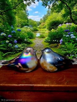 Pele Glass Hawaii Blue Iridescent 4" Bird Figurine Set of 2