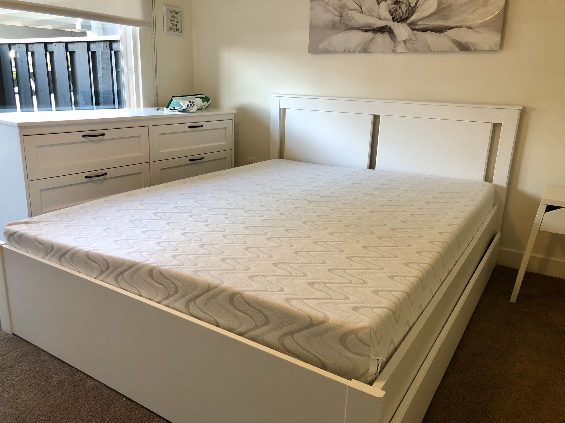 IKEA Queen Bed Set with dresser, organic mattress and nightstand.