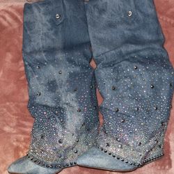 Azalea Wang Denim Studded Shark Boots 