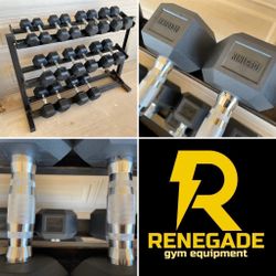 Brand New Renegade 5-50 Pound Rubber Hex Dumbbell Set With Storage Rack Free Delivery 