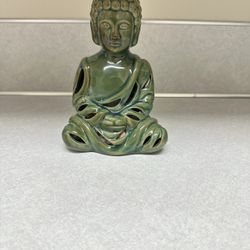 Green Glazed Ceramic Meditating Buddha – Pierced Filigree Candle Holder / Incense Burner