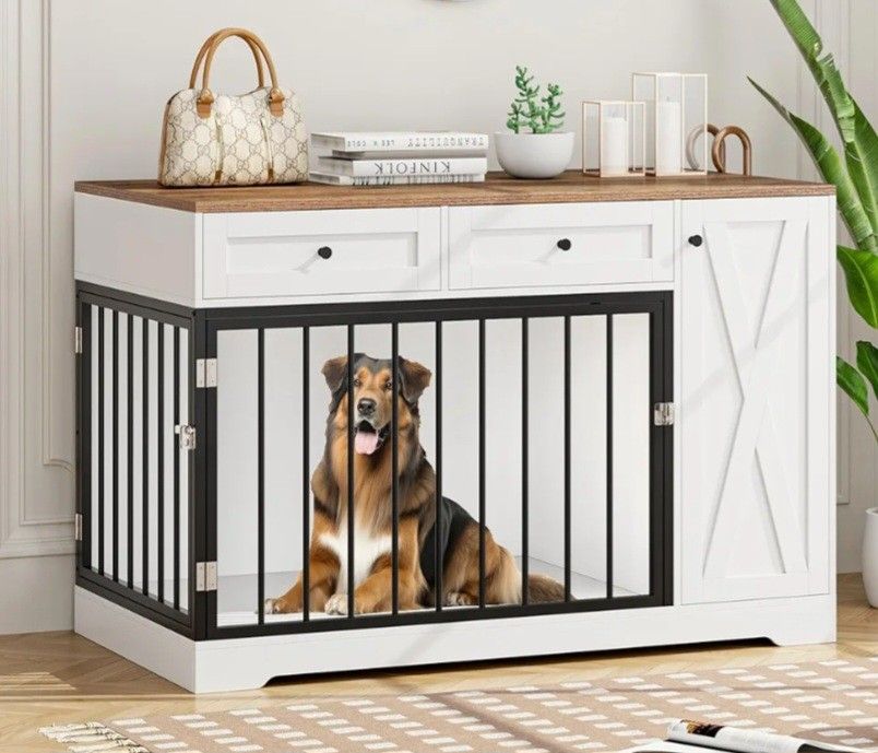 Dog Crate Furniture Kennel with Double Doors Wooden Pet House with 2 Drawers and Storage Cabinet, Indoor Dog Cage Farmhouse Modern Side End Table for