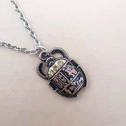 Scarab Crystals Pendant Antique Silver Chain Necklace 