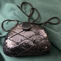 Vintage Black Sequin Small Clutch with Crossbody Strap