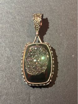 Signed PJC Designer India Large Sterling Silver 925 Purple Druzy Glitter Pendant