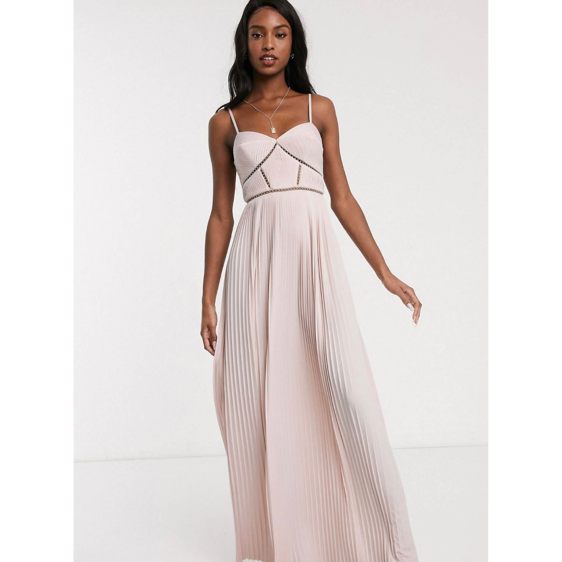 Soft pink, cami pleated maxi dress with ladder trim detail.