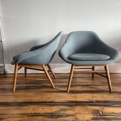 Set Of West Elm Mylo Accent / Lounge Chairs Turquoise Linen Weave Fabric 