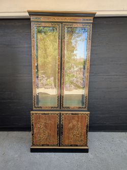 Drexel Heritage Chinoiserie Ornate Black Gold Display Cabinet