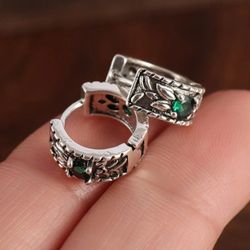 Vintage Creative Carved Pattern Green Cubic Zircon Men Women 12mm Huggie Hoop Earrings