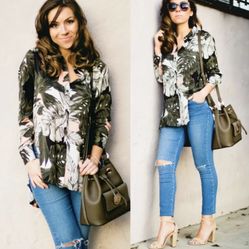 Topshop silky oversized hi-low blouse long sleeves palm print women Size 4