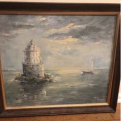 Authentic Lighthouse oil painting 50 years old Signed