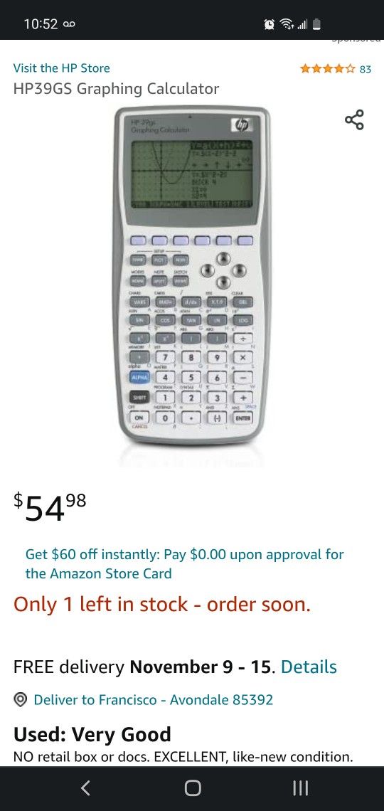 HP 39gs Graphing Calculator $20