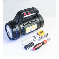 5 in 1 Multifunctional 18W LED Flashlight with Built-in Tool Kit - USB Rechargeable, High-Power Flashlight, COB Floodlight, Emergency Red/Blue Light, 