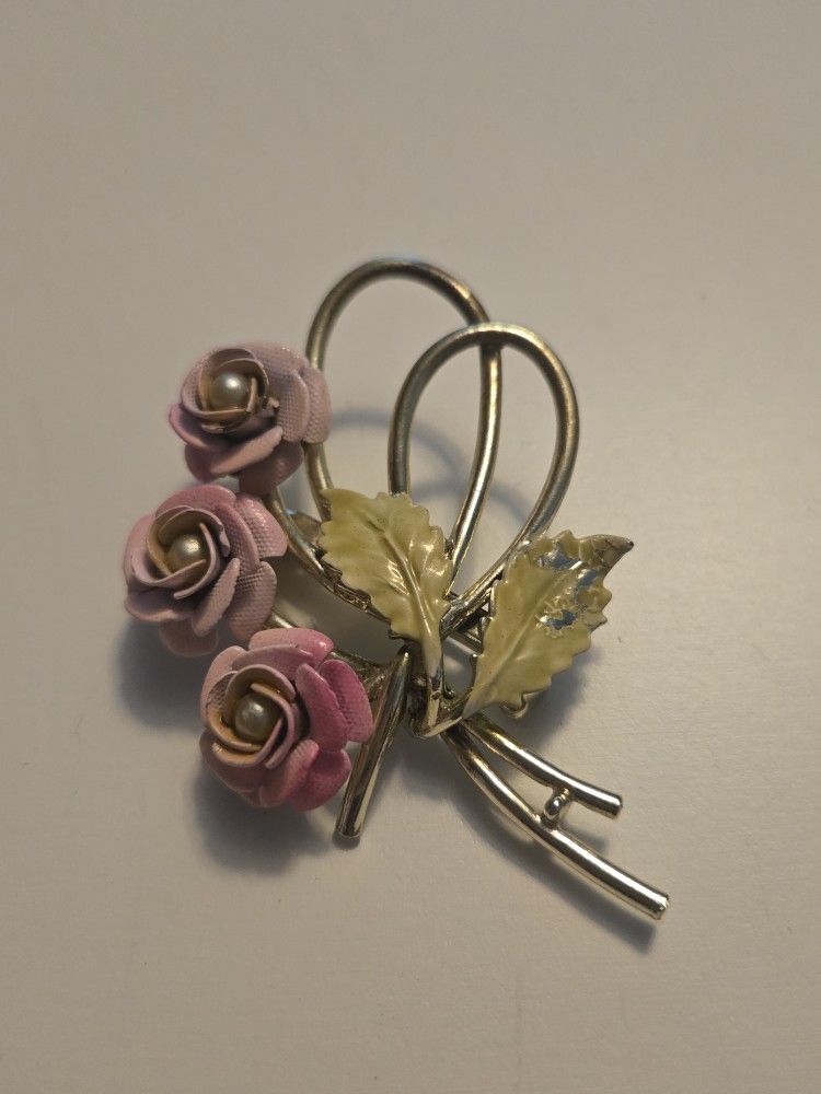 Vintage Gold Tone Pink Enamel Rose Faux Pearl Brooch Pin