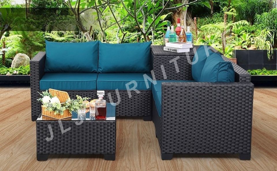 NEW🔥Outdoor Patio Furniture Set Black Wicker Peacockl Blue 4" Cushions Storage and Cover ASSEMBLED