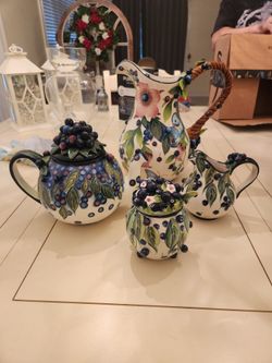 J. McCall blueberry tea pot, creamer, sugar, and pitcher set