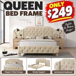 Queen Bed Frame Tufted Upholstered Headboard
