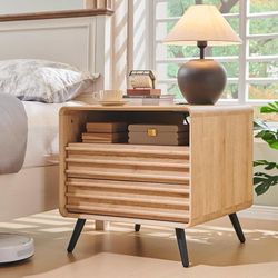 24" Nightstand with Charger Station, Mid Century Modern Fluted End Table with 2 Drawers, Wooden Side Table with Open Cubby Storage for Livin