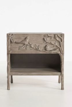 Anthropologie Handcarved Poplar Wood Ornithology Birds Nightstand w/ Shelf & Drawer