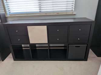IKEA Kallax 4x2 (8-Cube) — Black-Brown w/ 3 Drawer Inserts, Mirror Door