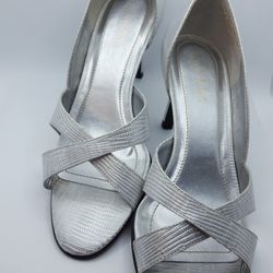 Ralph Lauren, Silver heels 3.75", Size 8, very comfortables, perfect fit tosocial outings, Good Condition
