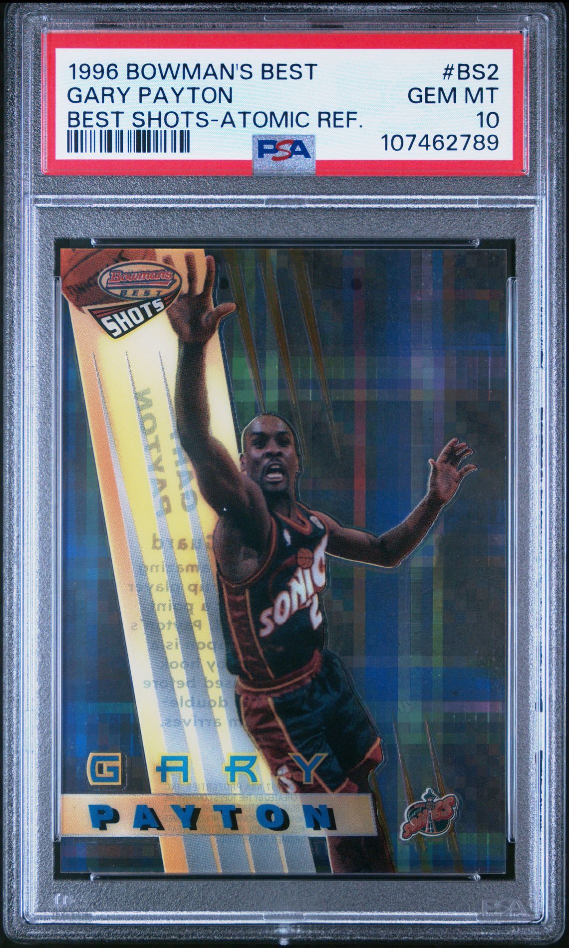 1996-97 Bowman’s Best Shots INSERT/PARALLEL CARD #BS2 GARY PAYTON - SUPER RARE ATOMIC REFRACTOR PARALLEL - GRADED PSA 10 GEM MINT CONDITION💎