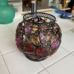 Large Candle Holder Bronze Metal Multi-Colored Jewel Pieces Kirklands 7"