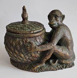 Vintage Monkey Holding A Weaved Basket Figurine Storage Box
