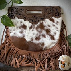 Leather And Fringe Cowhide Cross Body Purse 