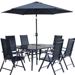 8-Piece Outdoor Patio Dining Set with Tilting Umbrella, Glass Table, & Folding Chairs