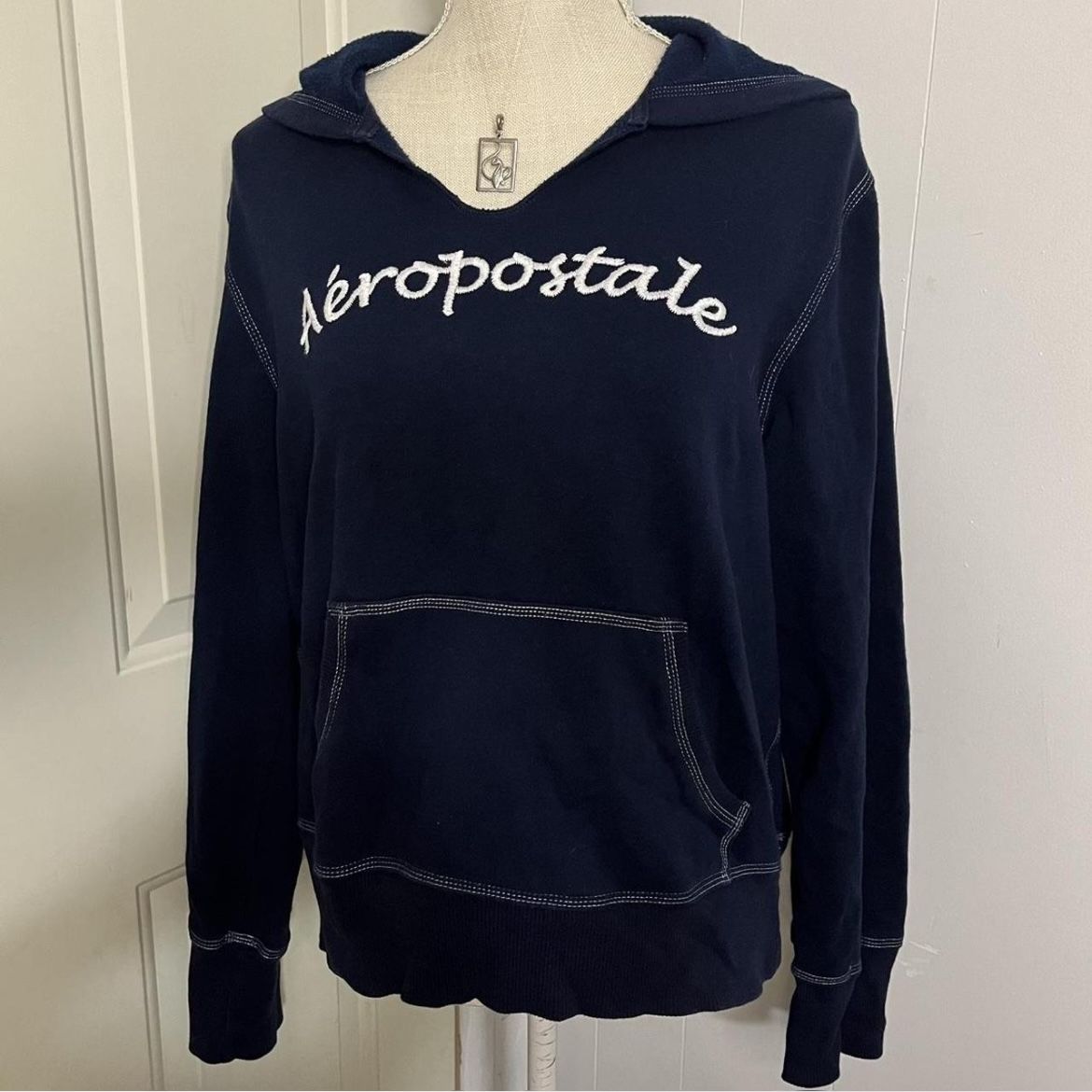 Women’s Vintage Y2K Navy Aeropostale Hoodie with White Lettering and Stitching Size medium