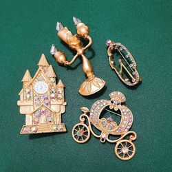 Set Of 4 Cinderella Brooches Pins Gold Toned New