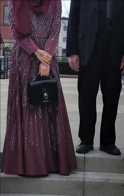 Burgundy Beaded Long Sleeve Formal Gown