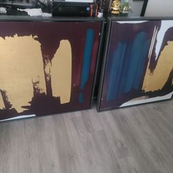 Set of 2 Framed Canvas Art Prints – Gold Brushstroke with Teal 